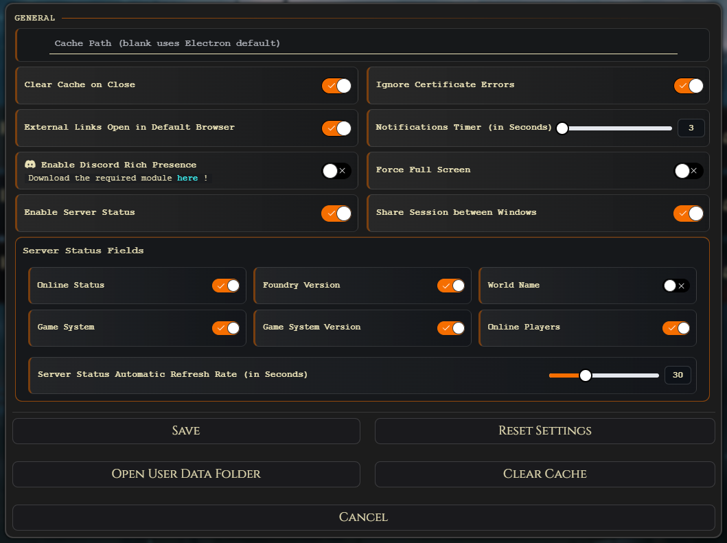 VE Foundry Client settings modal for cache, links, notifications, status, and Rich Presence.