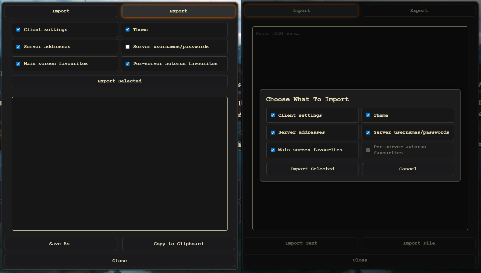VE Foundry Client share menu with export checkboxes and import controls.