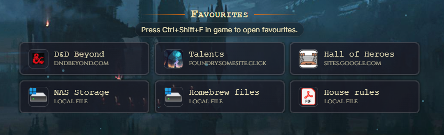 VE Foundry Client favourites section with websites and local file shortcuts.