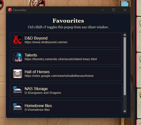 Favourites popup displayed over a Foundry VTT game window.