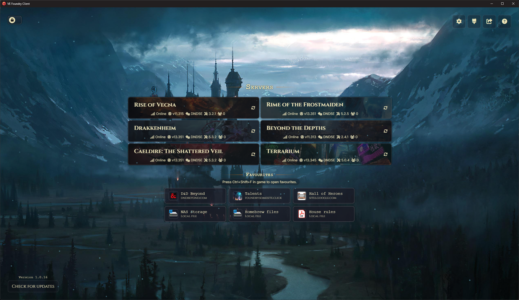 VE Foundry Client launcher showing Foundry VTT server tiles, status information, and favourites.