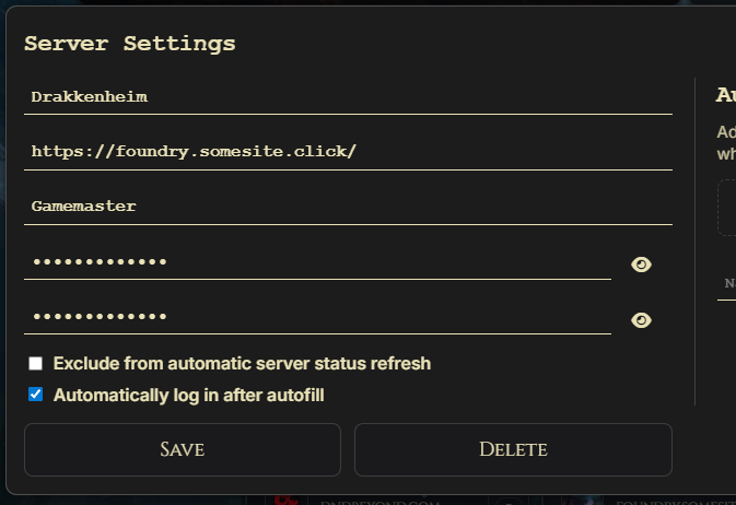 VE Foundry Client server settings modal with credentials, auto-login, and status refresh options.