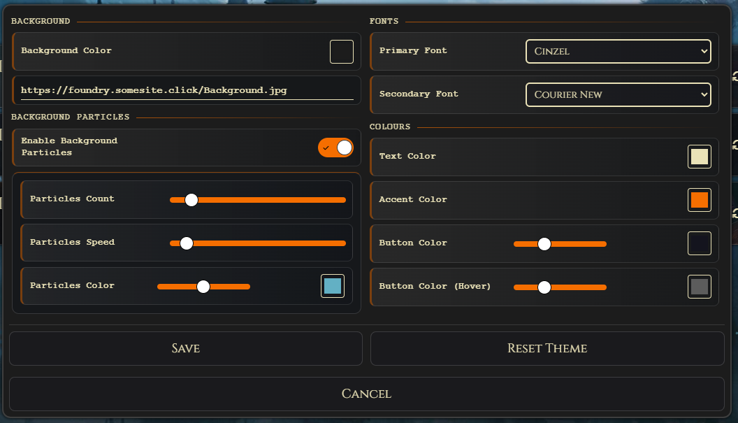 VE Foundry Client theme editor with color, font, background, and particle settings.